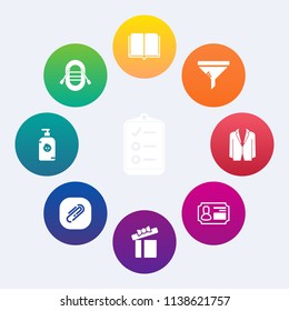 Modern, simple vector icon set on colorful circle backgrounds with ship, paperclip, id, knowledge, sailboat, fun, checklist, box, air, clean, book, child, travel, education, business, document icons