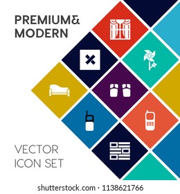 Modern, simple vector icon set on colorful flat background with telephone, home, communication, apartment, wireless, room, fashion, white, comfort, phone, spring, flower, summer, window, mobile icons