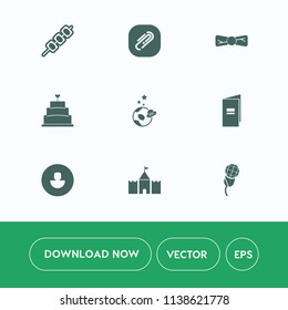 Modern, simple vector icon set on white background with cake, page, meat, beef, spaceship, bow, pastry, fashion, meal, karaoke, shish, business, tie, book, dessert, astronaut, sweet, exploration icons