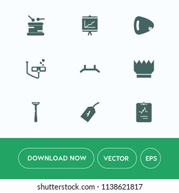 Modern, simple vector icon set on white background with document, annual, violin, queen, royal, luxury, string, banner, up, snorkel, rollup, guitar, instrument, medicine, drum, chart, graph, tag icons