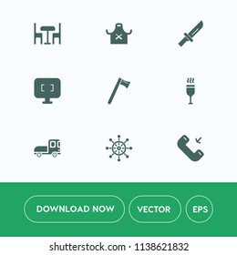Modern, simple vector icon set on white background with sign, transportation, call, rudder, dinner, interior, helm, chief, wrench, computer, ship, drink, cutlery, vehicle, spanner, fork, glass icons
