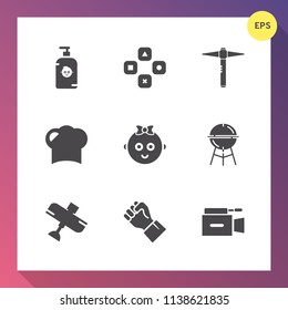 Modern, simple vector icon set on gradient background with gaming, work, beautiful, game, childhood, restaurant, camera, television, hammer, soap, meat, kid, play, aircraft, cooking, airplane icons