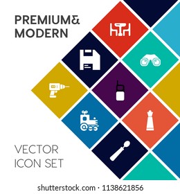 Modern, simple vector icon set on colorful flat background with train, kid, locomotive, spoon, woman, computer, floppy, hand, time, disk, piece, communication, table, strategy, printer, home icons
