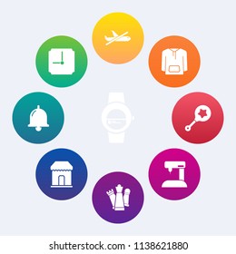 Modern, simple vector icon set on colorful circle backgrounds with time, sale, infant, clothing, watch, jacket, child, rattle, hour, shirt, ring, equipment, shop, toy, smart, timer, airport, no icons