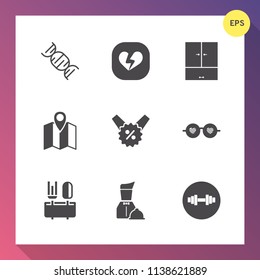 Modern, simple vector icon set on gradient background with boho, medical, coupon, love, navigation, fashion, spoon, summer, shop, city, waiter, gym, biology, retro, broken, fitness, price, white icons