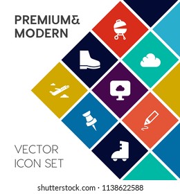 Modern, simple vector icon set on colorful flat background with pin, footwear, business, roller, pencil, fashion, cloud, sport, trip, aircraft, plane, meat, food, bbq, departure, transportation icons