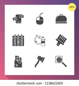 Modern, simple vector icon set on gradient background with calendar, message, dish, communication, object, cleaner, equipment, find, bar, date, axe, magnifier, clean, white, chat, brush, paint icons