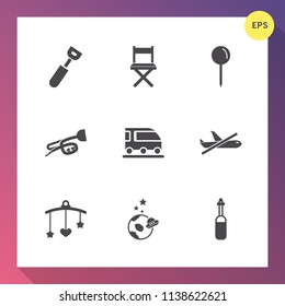 Modern, simple vector icon set on gradient background with space, exploration, car, pin, transport, food, toy, restaurant, dinner, location, travel, bed, vehicle, flight, trumpet, tool, music icons