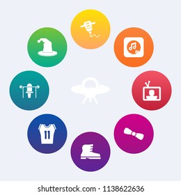 Modern, simple vector icon set on colorful circle backgrounds with video, tool, circus, equipment, graphic, construction, media, fitness, technology, spaceship, sign, space, note, alien, galaxy icons