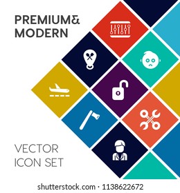 Modern, simple vector icon set on colorful flat background with plane, screwdriver, axe, boy, sign, portrait, baby, waveform, male, map, construction, face, tool, childhood, protection, pin, sad icons