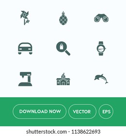 Modern, simple vector icon set on white background with clothes, travel, clothing, flower, wildlife, house, green, female, car, architecture, binocular, gadget, government, pineapple, tool, pink icons