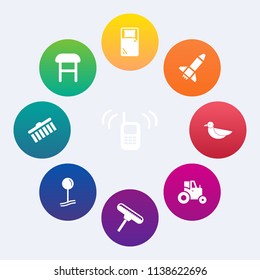 Modern, simple vector icon set on colorful circle backgrounds with wildlife, drop, roller, chair, telephone, bird, map, farm, field, comfort, tractor, nature, connection, white, home, stroke icons