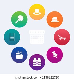 Modern, simple vector icon set on colorful circle backgrounds with ladder, fashion, leisure, hat, safety, tennis, ping, up, object, sign, seat, day, time, business, step, jacket, date, baseball icons