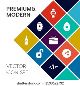 Modern, simple vector icon set on colorful flat background with safety, key, web, colorful, safe, egg, screen, briefcase, holiday, business, smart, hammer, bag, protection, liquid, drink, sign icons