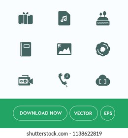 Modern, simple vector icon set on white background with dessert, doughnut, cupcake, gift, food, handle, sound, camera, equipment, present, christmas, image, cake, muffin, headset, call, photo icons