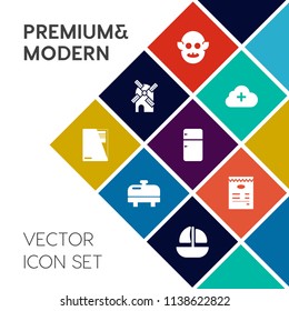 Modern, simple vector icon set on colorful flat background with paper, boat, ufo, creature, web, extraterrestrial, water, home, ocean, file, cloud, fridge, space, character, electricity, power icons