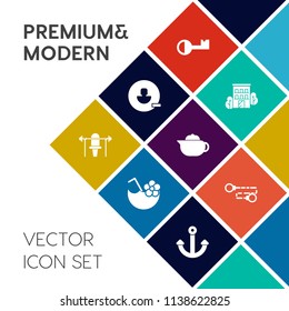 Modern, simple vector icon set on colorful flat background with breakfast, fitness, tropical, architecture, security, exercise, tea, business, dumbbell, summer, city, party, glass, cocktail, gym icons