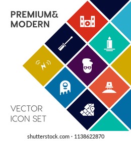 Modern, simple vector icon set on colorful flat background with atlas, fire, object, flame, monster, video, hipster, geography, decoration, retro, fiction, speaker, screw, audio, alien, sound icons
