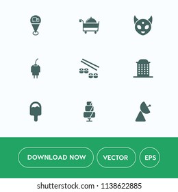 Modern, simple vector icon set on white background with card, pointer, extraterrestrial, space, energy, restaurant, fiction, fork, radio, sign, antenna, humanoid, cable, battery, science, cake icons
