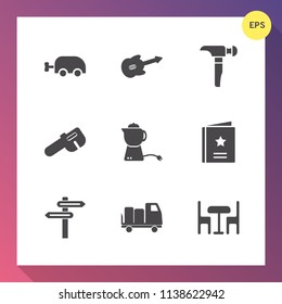 Modern, simple vector icon set on gradient background with equipment, kid, table, favorite, pram, beverage, tea, sign, direction, delivery, hot, collection, carriage, spanner, shipping, electric icons
