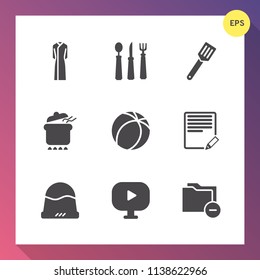 Modern, simple vector icon set on gradient background with fashion, dish, spoon, sign, cooking, pot, kitchen, document, write, healthy, pan, headwear, knife, media, top, data, hat, dinner, sport icons