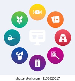 Modern, simple vector icon set on colorful circle backgrounds with find, plastic, sweet, medal, money, bin, food, garbage, achievement, temple, poker, asia, prize, play, white, trash, ecommerce icons