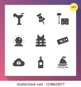 Modern, simple vector icon set on gradient background with martini, plane, drink, sea, bottle, bed, home, flight, bar, jacket, sign, house, liquid, life, airplane, boat, cocktail, sofa, wind icons