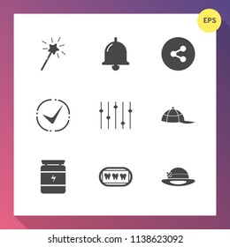 Modern, simple vector icon set on gradient background with web, alert, graphic, sound, healthy, object, social, white, bodybuilding, check, media, fitness, wand, nutrition, star, internet, fun icons