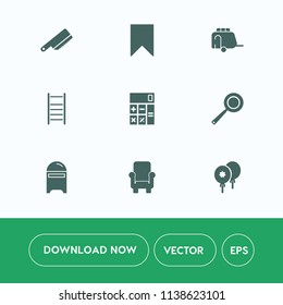 Modern, simple vector icon set on white background with cutlery, decoration, car, calculator, envelope, furniture, star, pan, train, utensil, finance, birthday, transportation, mailbox, van, web icons