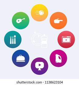 Modern, simple vector icon set on colorful circle backgrounds with bucket, fork, cleaner, clean, web, internet, soccer, sound, guitar, kick, housework, video, sport, dish, dinner, online, diet icons