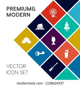 Modern, simple vector icon set on colorful flat background with heat, doughnut, cocktail, cookie, equipment, sweet, sign, sport, work, bar, outdoor, cup, clothing, key, travel, drink, electric icons