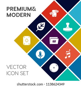 Modern, simple vector icon set on colorful flat background with nature, clef, post, file, plant, game, message, note, casino, paper, disk, black, cd, poker, certificate, stamp, sign, leaf, voice icons