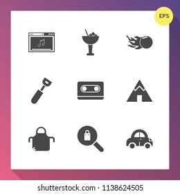 Modern, simple vector icon set on gradient background with comet, transportation, astronomy, automobile, lemon, beverage, outdoor, sign, car, music, audio, technology, media, apron, lime, space icons