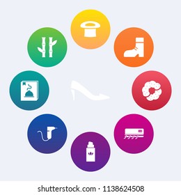 Modern, simple vector icon set on colorful circle backgrounds with nature, boot, aroma, dessert, asian, conditioning, asia, cake, foot, clothing, fashion, perfume, medical, object, footwear, air icons