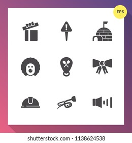 Modern, simple vector icon set on gradient background with ribbon, snow, hat, decoration, construction, cold, scary, sign, hazard, circus, north, shelter, caution, danger, speaker, clown, web icons