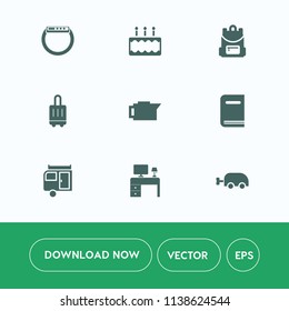 Modern, simple vector icon set on white background with screen, dessert, bag, delicious, pie, sweet, business, technology, pastry, education, suitcase, bakery, book, device, time, library, drink icons