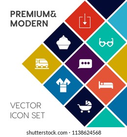 Modern, simple vector icon set on colorful flat background with cookie, vehicle, bed, muffin, travel, downloading, doughnut, child, van, bakery, asia, chocolate, transportation, pram, cupcake icons