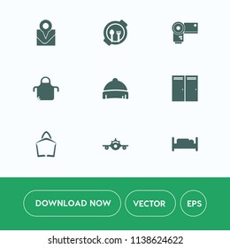 Modern, simple vector icon set on white background with table, pinafore, pin, clothing, airplane, photography, lunch, map, sign, nutrition, camera, headwear, apron, dish, white, home, bed, cook icons