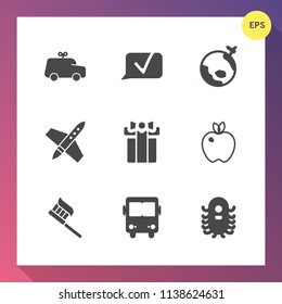 Modern, simple vector icon set on gradient background with present, little, organic, holiday, alien, fun, monster, care, rocket, chat, travel, cute, healthy, ufo, health, play, celebration, toy icons