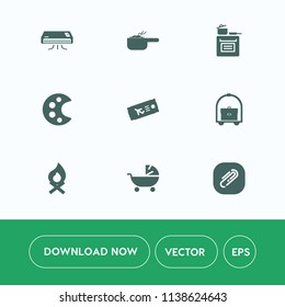 Modern, simple vector icon set on white background with paperclip, conditioner, oven, pot, stove, pram, flight, clip, modern, airplane, bonfire, hot, room, dish, conditioning, vacation, hotel icons