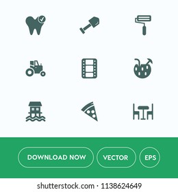 Modern, simple vector icon set on white background with summer, pizza, healthy, field, drill, agricultural, equipment, movie, chair, tooth, hammer, drink, glass, vehicle, care, tool, video, boat icons