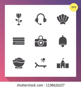 Modern, simple vector icon set on gradient background with brush, tower, call, object, sunny, hygiene, spring, speaker, white, marine, floral, health, snail, headphones, petal, alarm, microphone icons