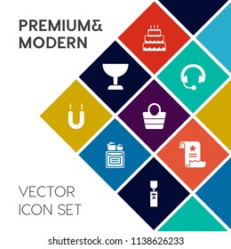 Modern, simple vector icon set on colorful flat background with find, listen, magnet, leather, cooking, energy, delicious, food, document, equipment, magnifying, modern, style, pie, zoom, sweet icons