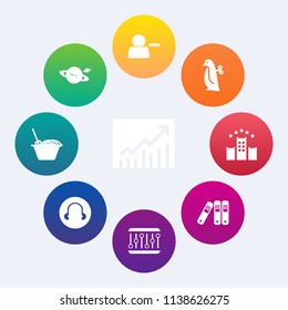Modern, simple vector icon set on colorful circle backgrounds with saturn, penguin, account, graph, service, business, fun, travel, cute, button, galaxy, children, bed, child, vacation, chart icons