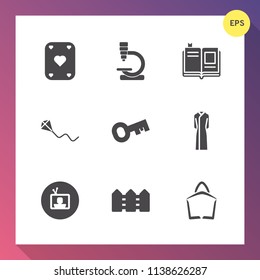 Modern, simple vector icon set on gradient background with biology, page, play, screen, literature, fashion, black, leisure, television, knowledge, kite, book, textbook, library, fun, microscope icons