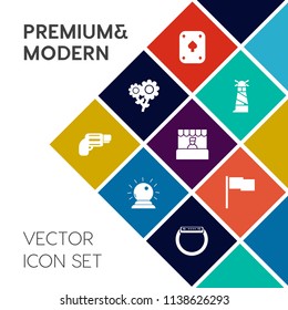Modern, simple vector icon set on colorful flat background with poker, sign, flower, beacon, sea, black, casino, watch, grocery, summer, weapon, house, spring, white, gadget, tower, building icons