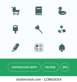 Modern, simple vector icon set on white background with flight, pram, pin, nature, wildlife, library, food, location, kid, buggy, festival, book, white, bell, kitchen, literature, animal, wheel icons