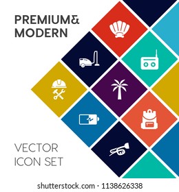Modern, simple vector icon set on colorful flat background with helmet, object, site, electricity, snail, half, charger, radio, backpack, school, bag, sea, seashell, shell, music, work, ocean,  icons