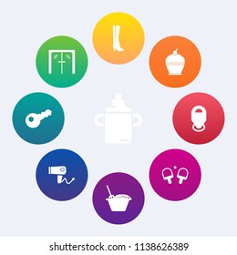 Modern, simple vector icon set on colorful circle backgrounds with dryer, game, door, office, map, noodle, indoors, healthy, tennis, plastic, glass, entrance, blow, pie, hairdryer, handle, sweet icons