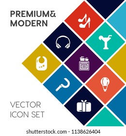 Modern, simple vector icon set on colorful flat background with headset, cocktail, girl, oven, elegance, listen, music, box, alcohol, sound, parachute, female, audio, parachuting, celebration icons